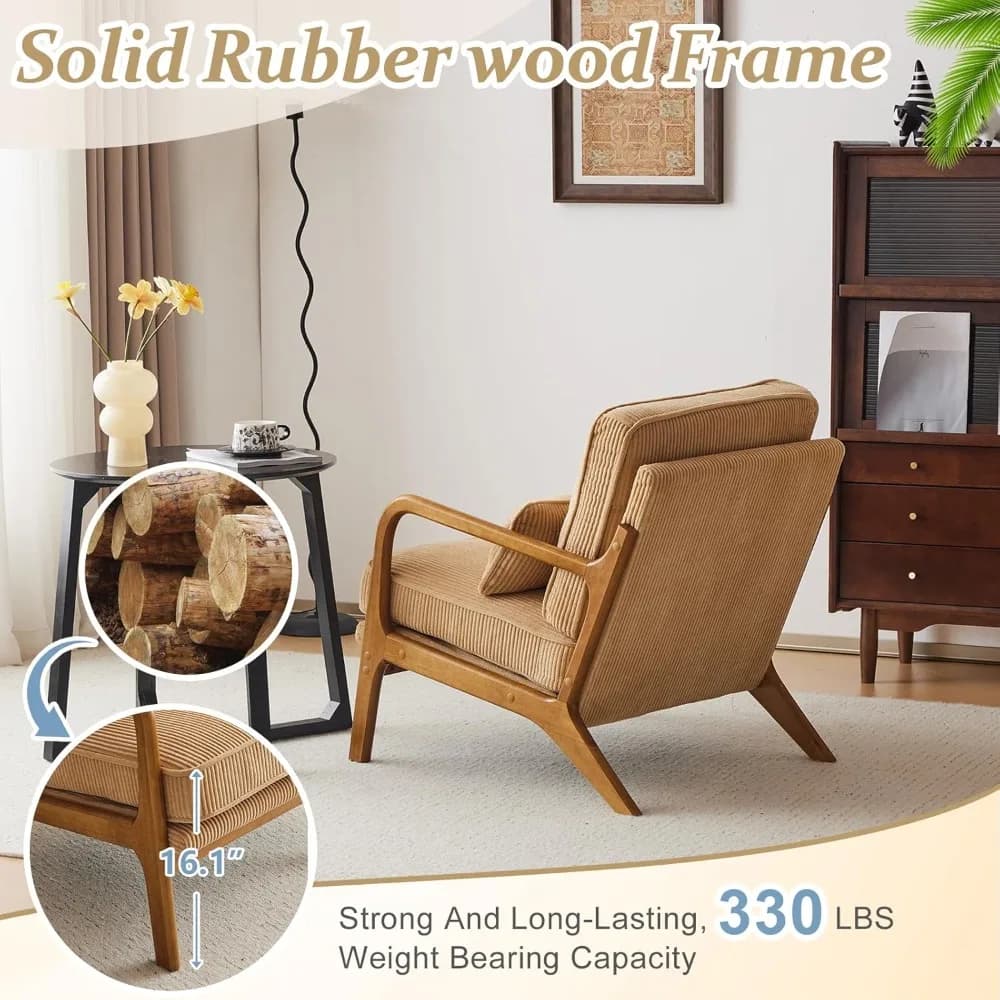Poltrona Premium in Velluto a Coste Migliorata, Poltrona Imbottita con Braccioli, Comoda Sedia da Lettura in Legno Massello con Cuscino Lombare, Personalizzabile