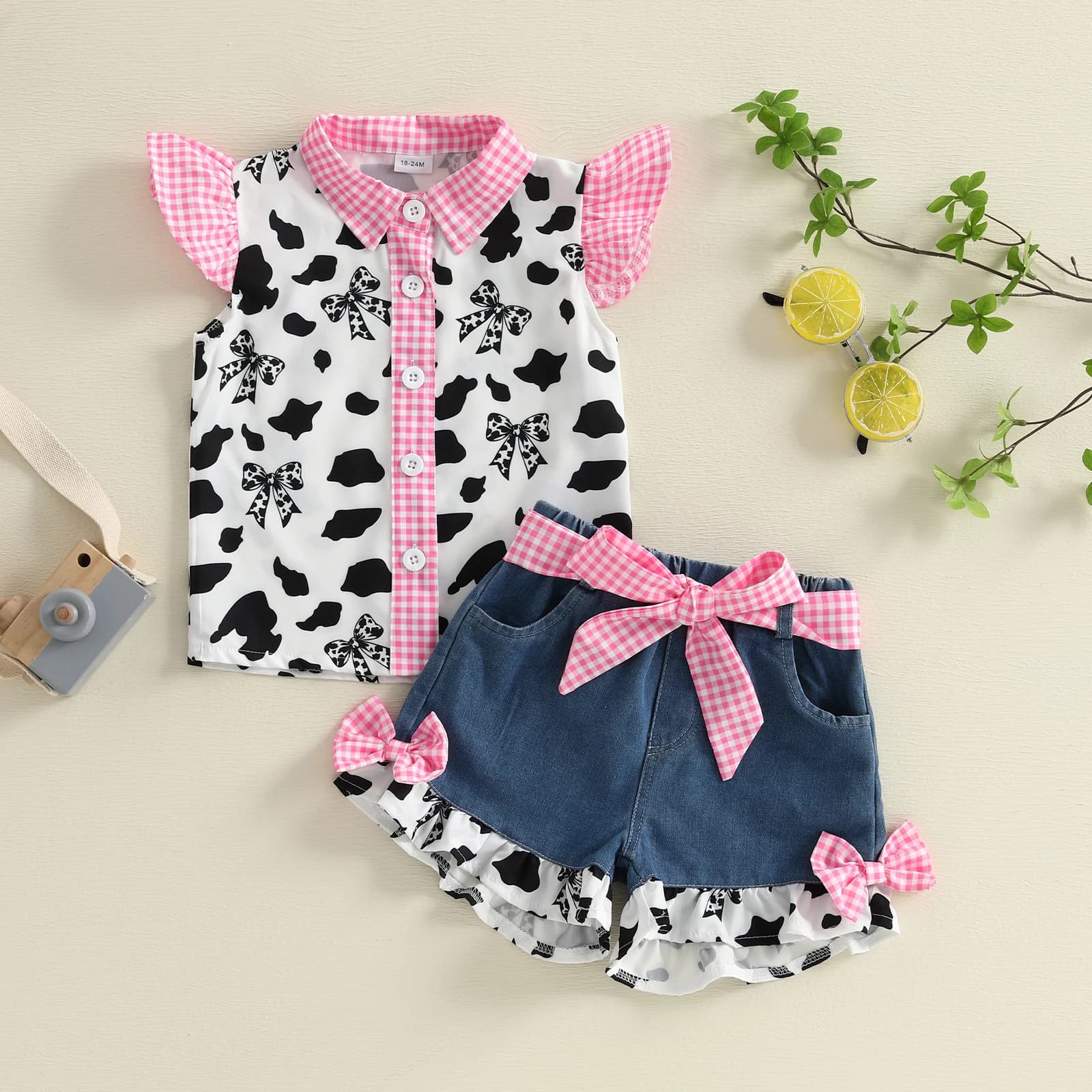 Completo Estivo per Bambina 1-6 Anni, Set 3 Pezzi con Camicia a Maniche Volanti con Bottoni, Shorts in Denim con Volant e Cintura