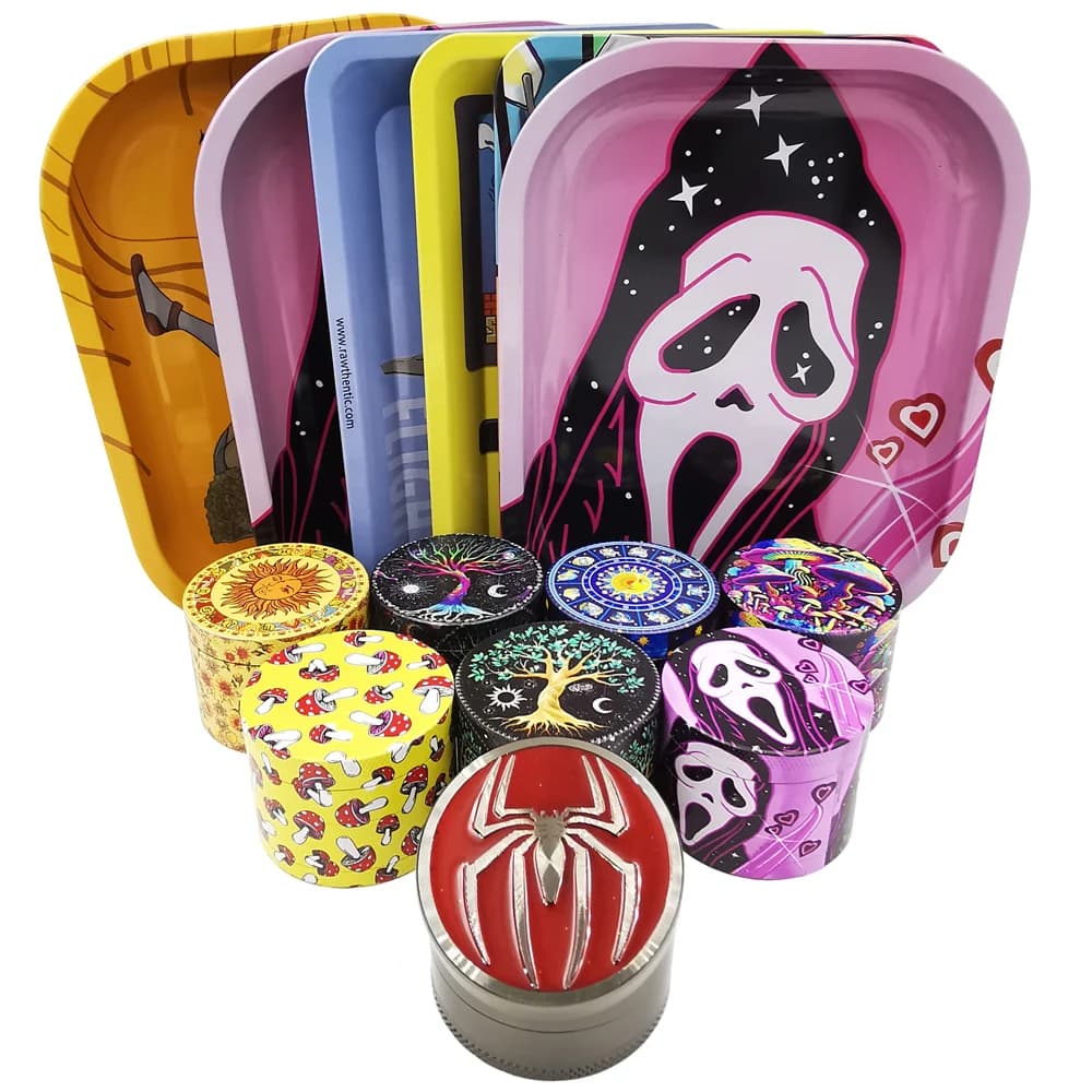 Set smerigliatrice per erbe da 2" Ghost Purple con vassoio in banda stagnata 7x5,5 pollici smerigliatrice per spezie in metallo design in 4 pezzi con raccoglitore di polline