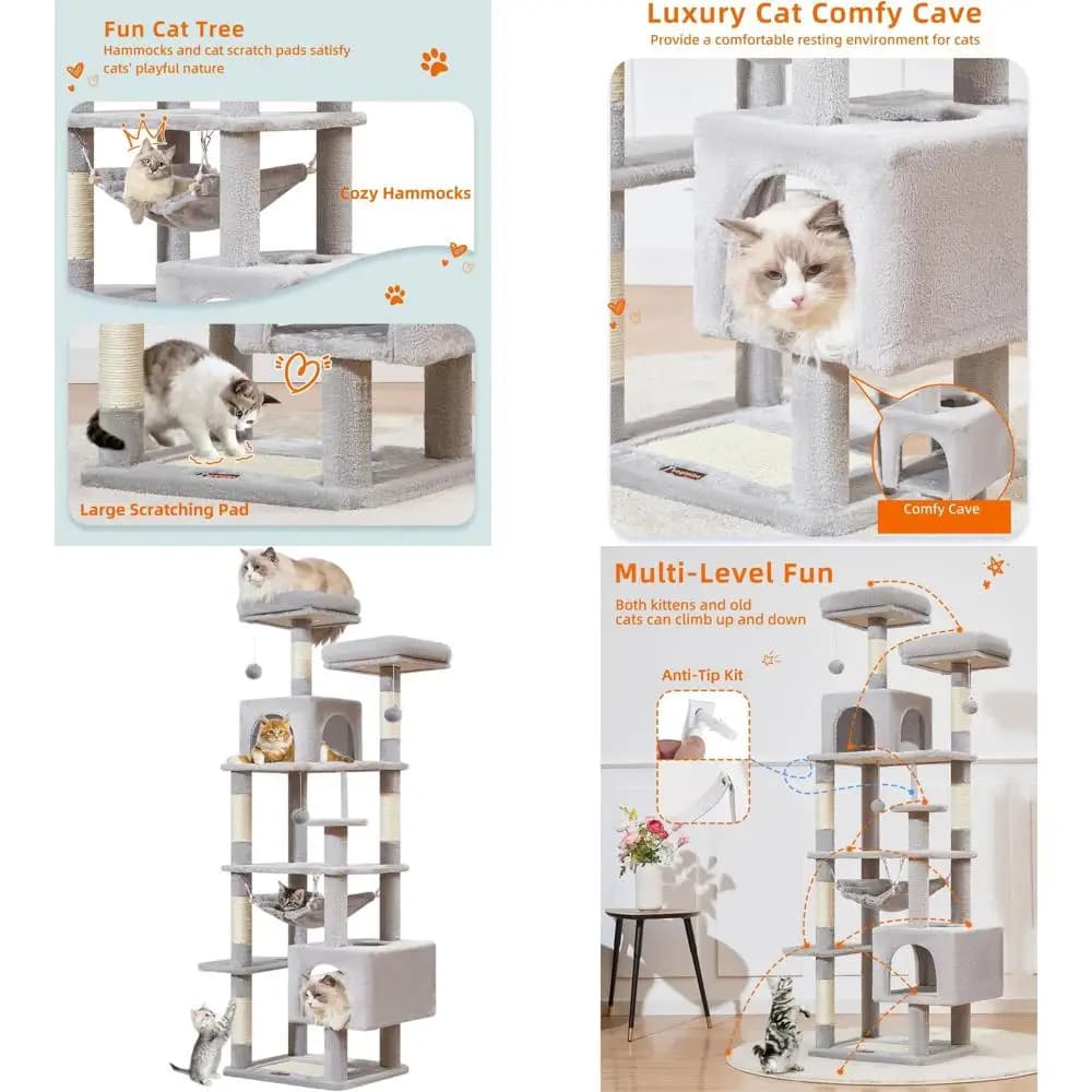 Torre per Gatti da Interno 68 con Livelli in Peluche, 6 Posti per Tirare, 2 Posatoi, 2 Grotte, Amaca e Pompon, Grigio Chiaro