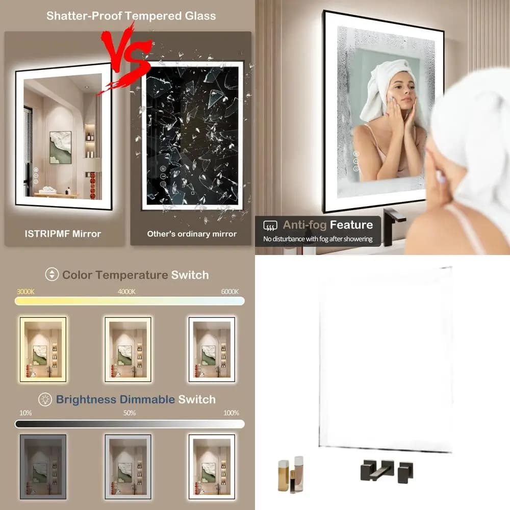 Specchio da Bagno LED Retroilluminato 24x30 Pollici con Funzioni Antiappannamento, Dimmerabile, Memoria e Infrangibile