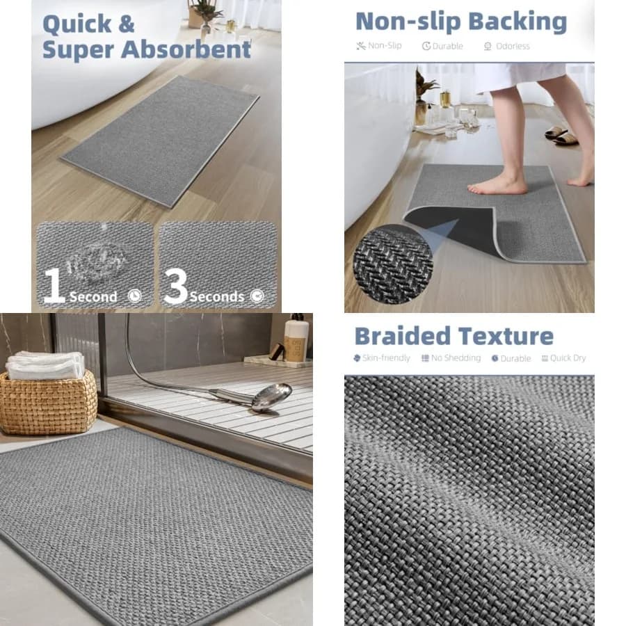 Tappetini Antiscivolo per Bagno, Tappeto Assorbente Intrecciato con Base in Gomma, Lavabile in Lavatrice, Sottile, Adatto per Sotto la Porta, Asciugatura Rapida, 17''x30'' Grigio