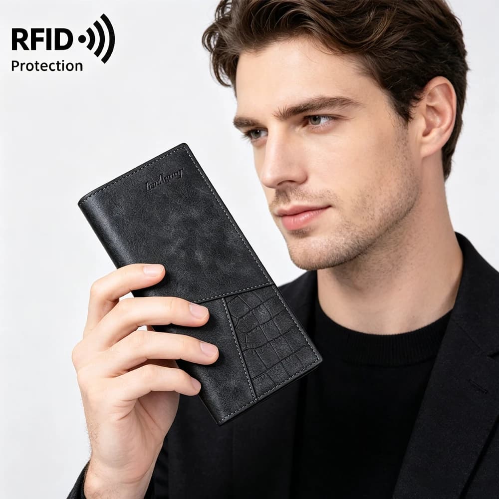 Baellerry Portafoglio lungo da uomo con blocco RFID, pelle PU antifurto con 10 organizer per carte e cerniera per monete, business