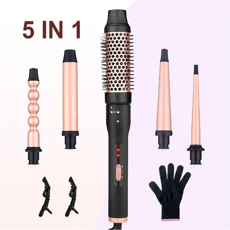 Set curling iron with rod 5 in 1, hairstyle tools with thermal brush and 4 interchangeable barrels from 1/2 to 1 1/2 inch, fast