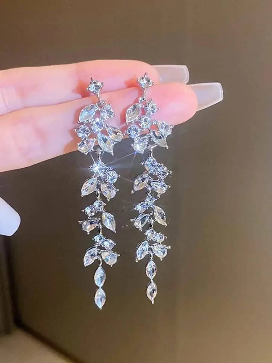Long Sparkling Rhinestone Leaf Tassel Earrings For Women