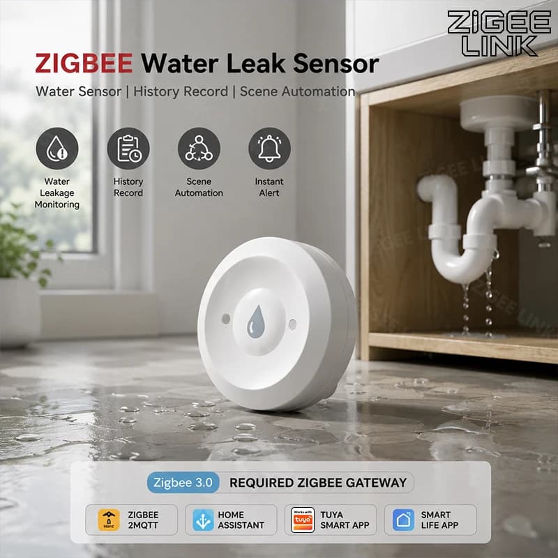 Sensore di perdite d'acqua Zigbee, rilevatore di allagamenti, monitoraggio remoto tramite app, sicurezza contro le sovraccariche, supporto Tuya, richiede gateway Zigbee