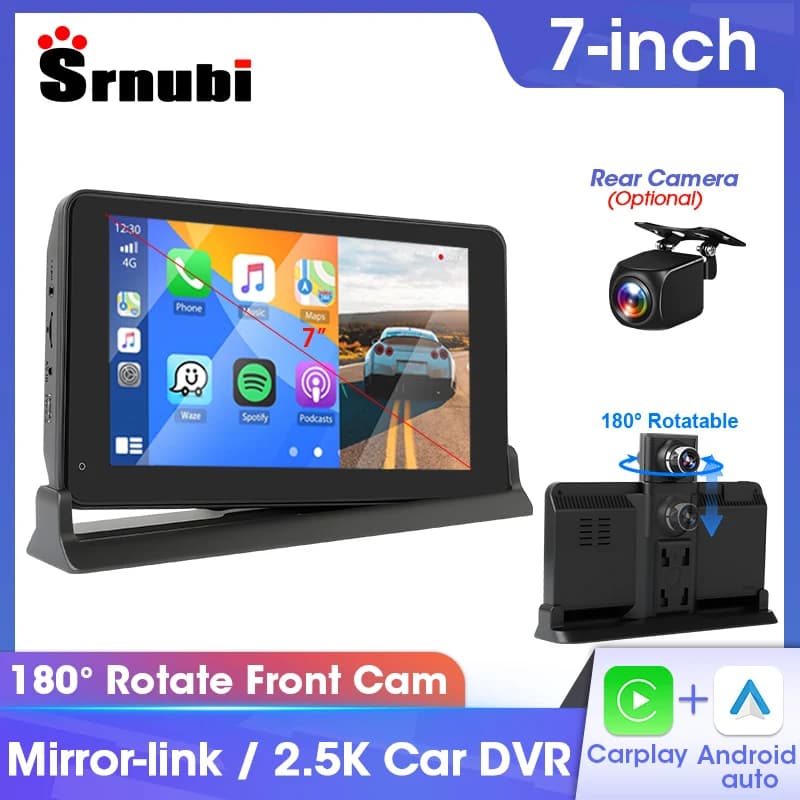 Srnubi 7" DVR universale per auto 2,5K+1080P 180 ° Rotazione Front Cam Wireless Carplay Android Auto Registratore per telecamera per auto con telecomando
