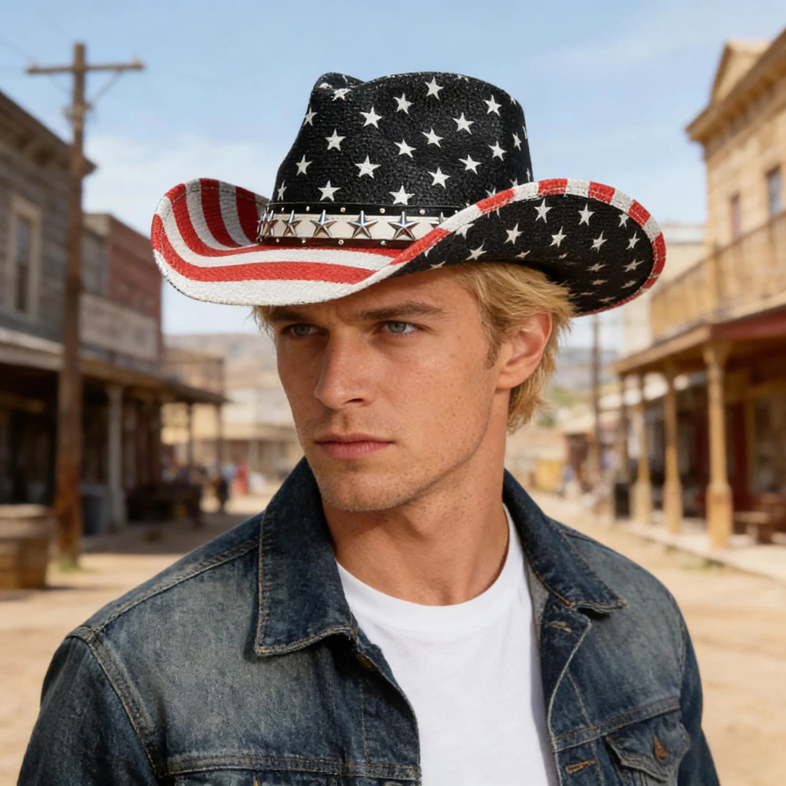 4th of July Cowgirl Hat for Women Men American Flag Star Stripe Print Wide Brim Western Cap