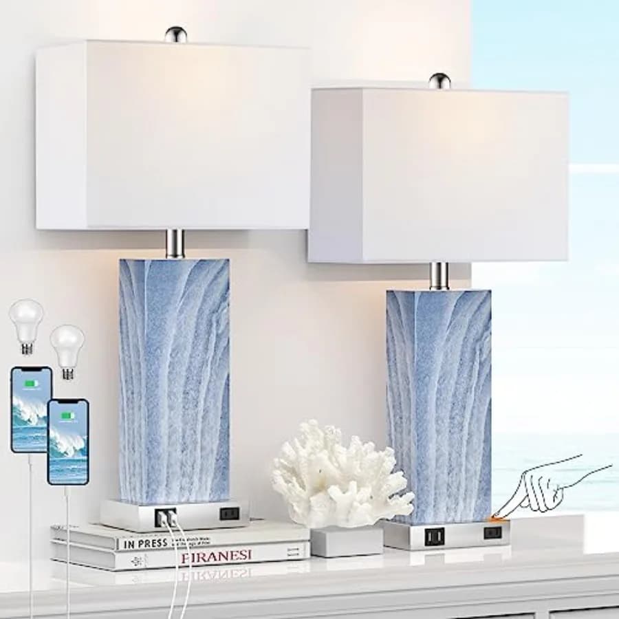 Lampade da tavolo Touch Control con paralume in tessuto bianco Set di 2 lampade da comodino moderne in ceramica blu dimmerabili a 3 vie con 2 Stati Uniti