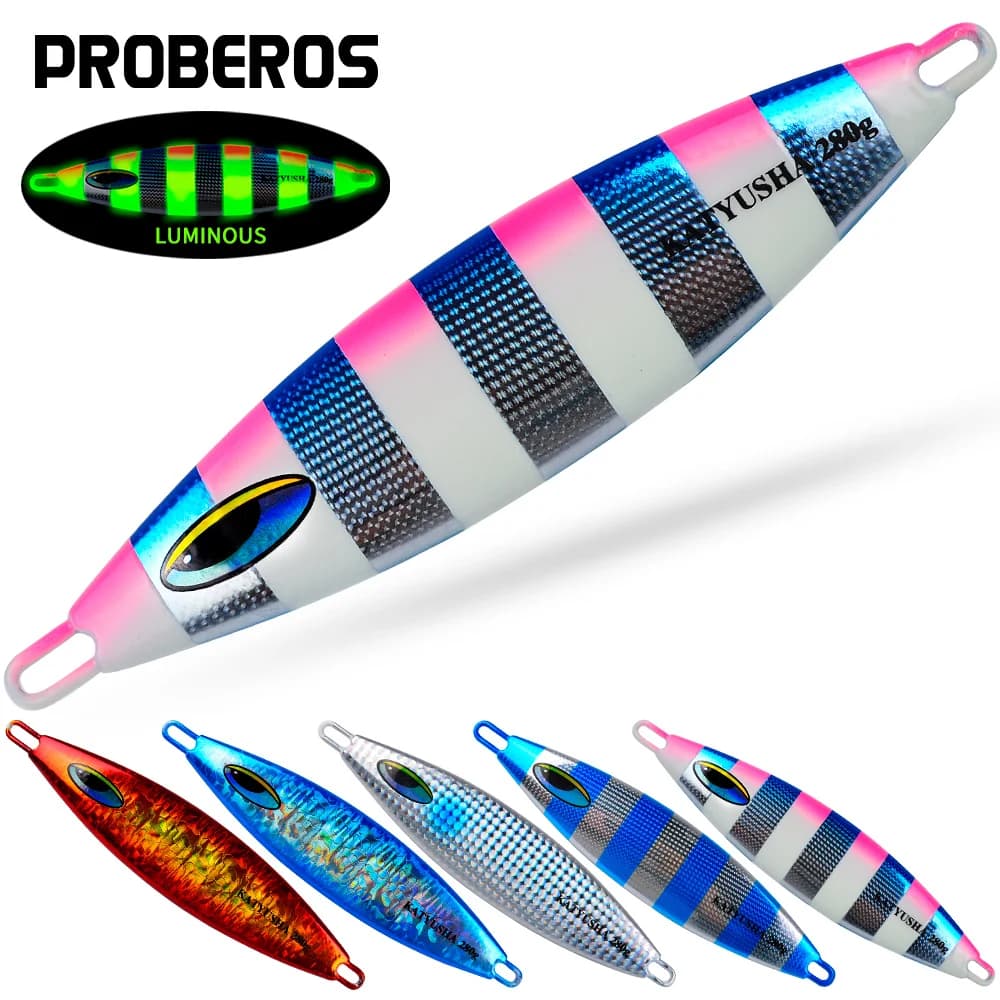 PROBEROS Artificial Hard Baits Saltwater Pesca Bass Trout Fishing 1pcs 180g 230g 280g Luminous Metal Jig Swimbait Fishing Lures