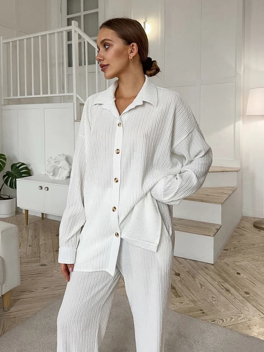 Marthaqiqi Autumn Women's Night Shirts Complete Collection Overturned Nightwear Long sleeved pyjamas Casual Women's Nightwear Set of 2 pieces