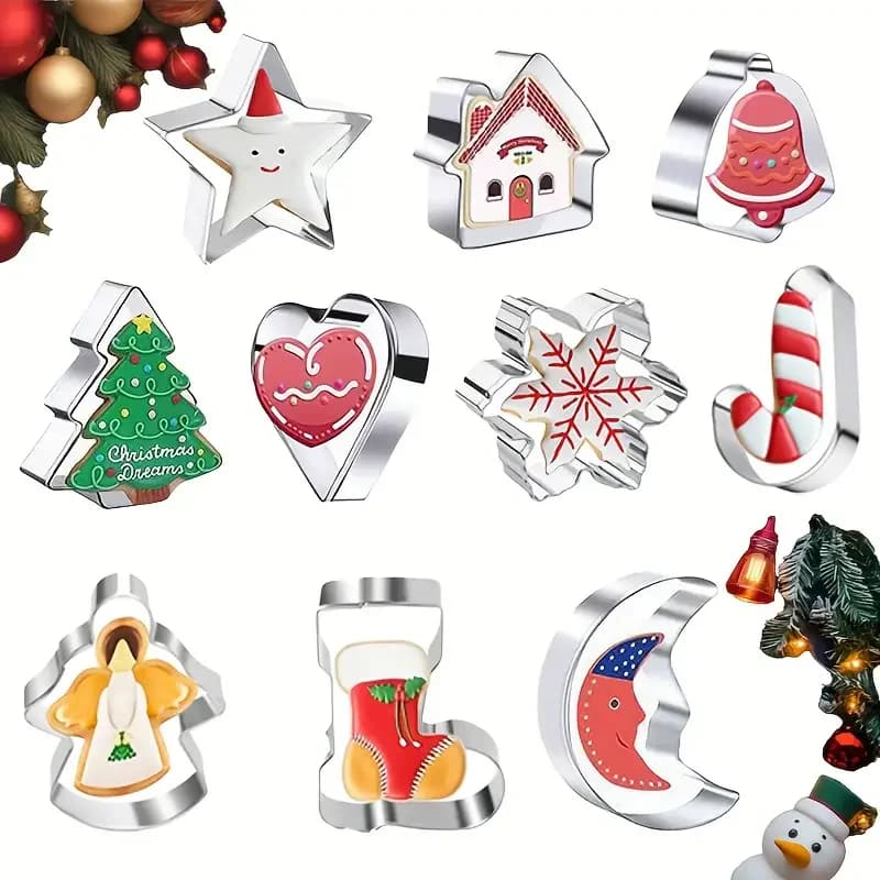 Set of 10 Christmas biscuits, stainless steel cookie molds with 10 forms for cooking tools, Christmas DIY cookies for beginners