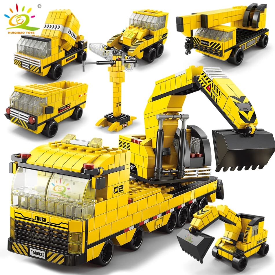 HUIQIBAO 1000 pz 6in1 Ingegneria Gru Camion Building Blocks Città Costruzione di Mattoni Bulldozer Auto Set Per I Bambini Bambini GIOCATTOLI