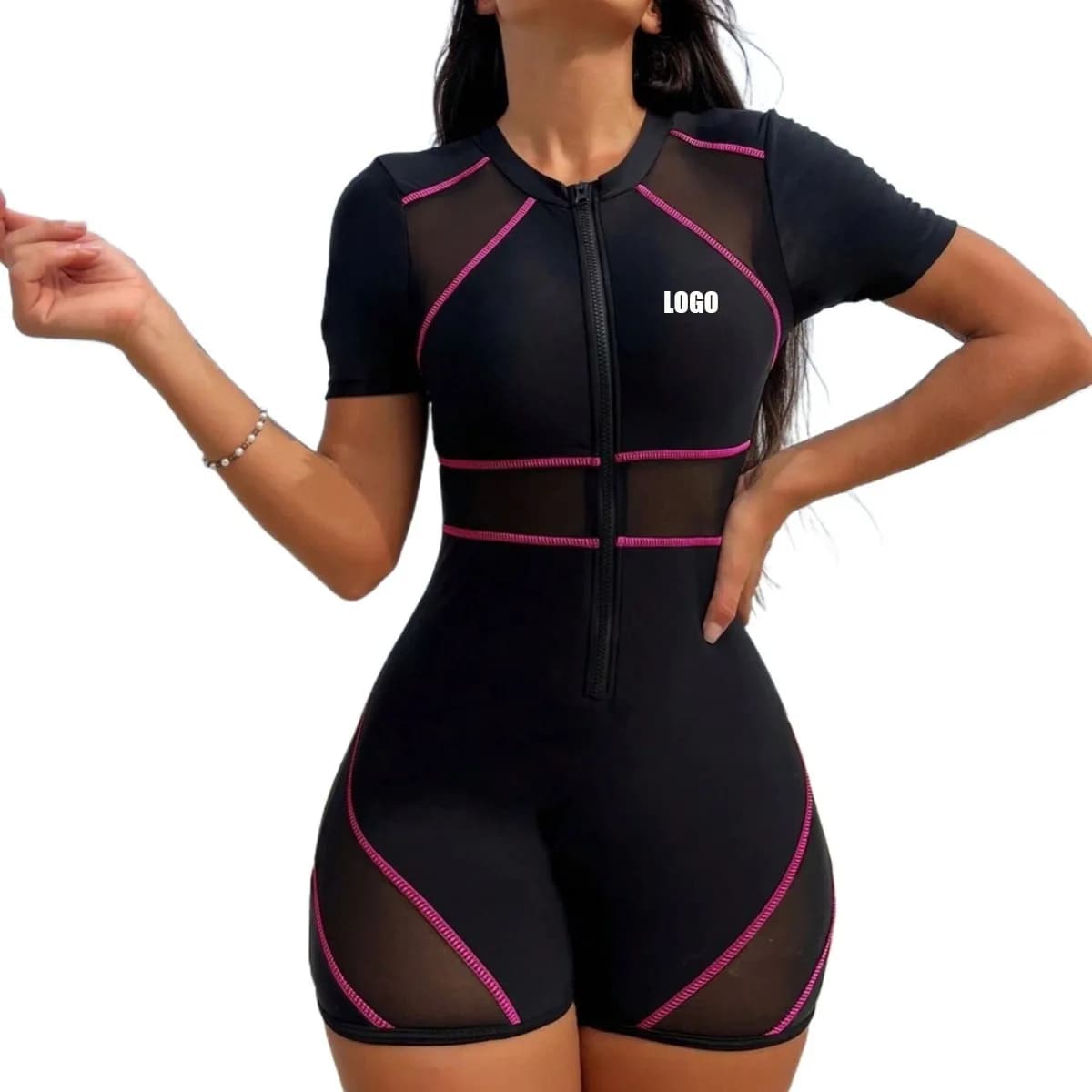 Customized LOGO women's sports competition one-piece short-sleeved swimsuit surfing diving suit splicing mesh swimsuit