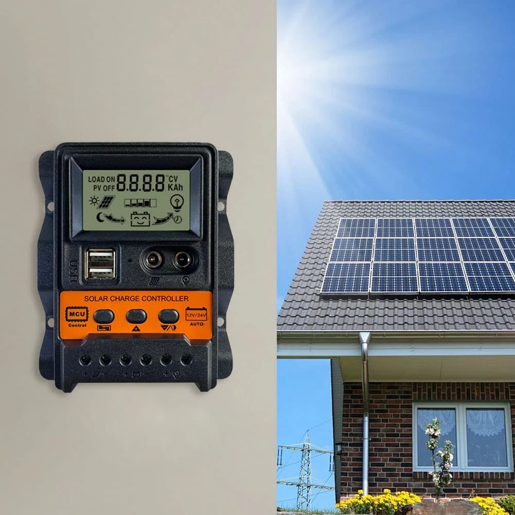 Regolatore di Carica Solare 12V/24V 10/20/30A con Display LCD, Regolatore per Pannelli Solari e Batterie, Doppia Uscita USB, Controller PWM