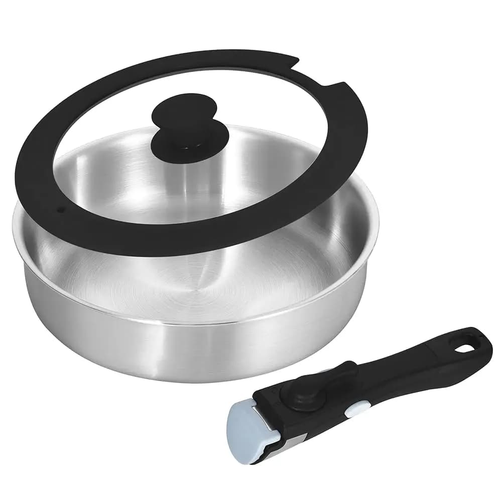 Set di Pentole in Acciaio Inox Tri-Ply con Manico Rimovibile, Padella Profonda 10 Pollici con Manico Staccabile, Padella per Saltare 3 QT con L