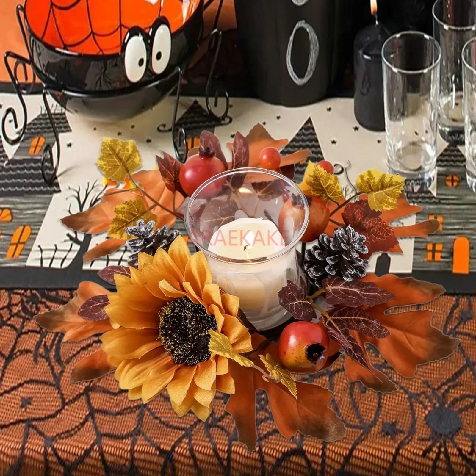 1pcs Candle Wreath Autumn Wreath Decor Harvest Wreath Fall Wreath Candle Ring for Living Room Tabletop Wedding Home