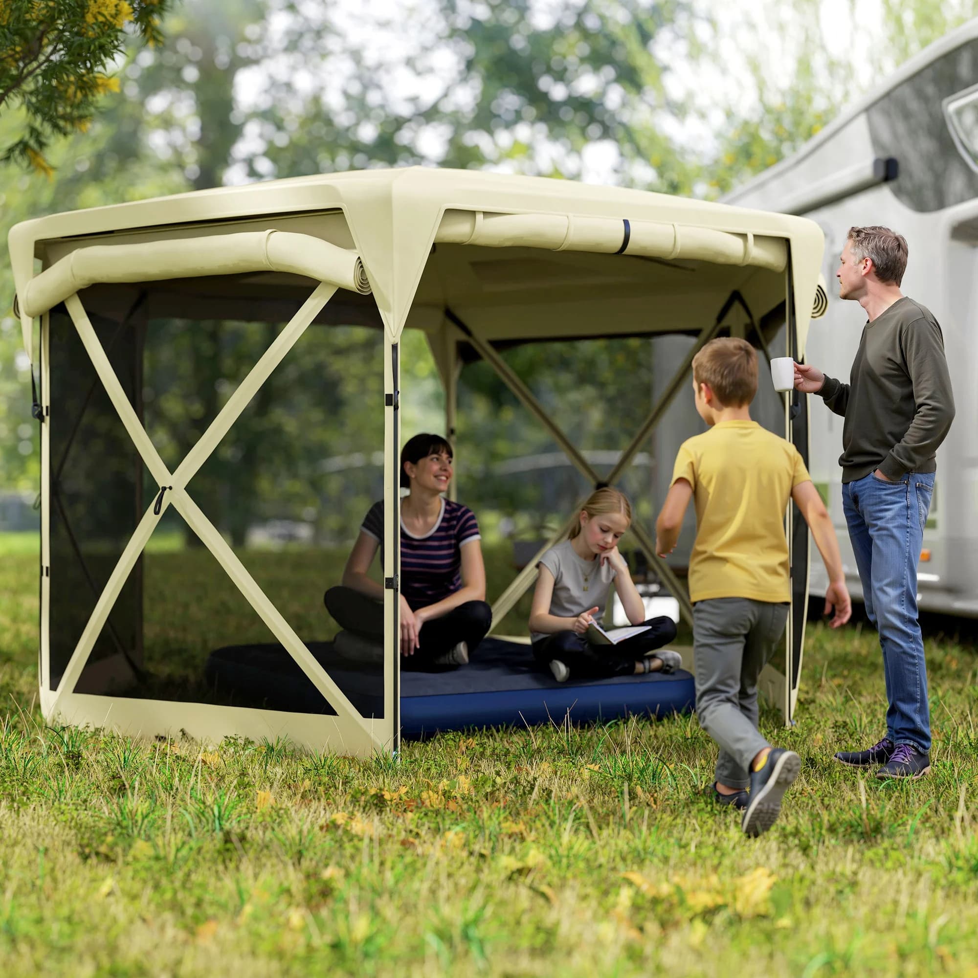 11 X 11ft Pop up Gazebo Screen Tent with Removable Roof Cover, 4 Roll-Up Wind Panels for Camping, Patio, Backyard, Lawn, Beige