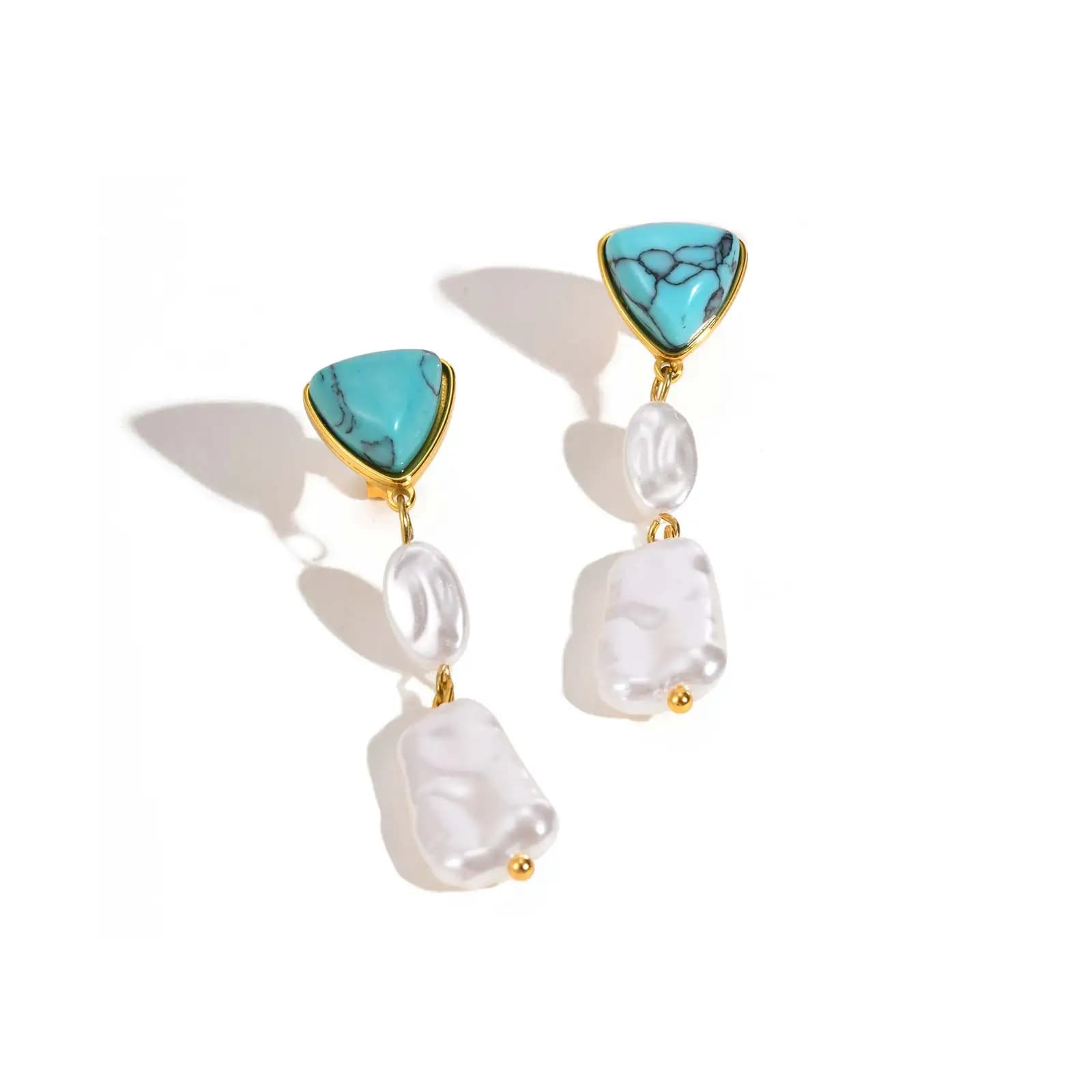 French Luxury Stainless Steel Turquoise Stone Irregular Pearl Long Dangle Earring for Women,Fashion Party Wedding Jewelry
