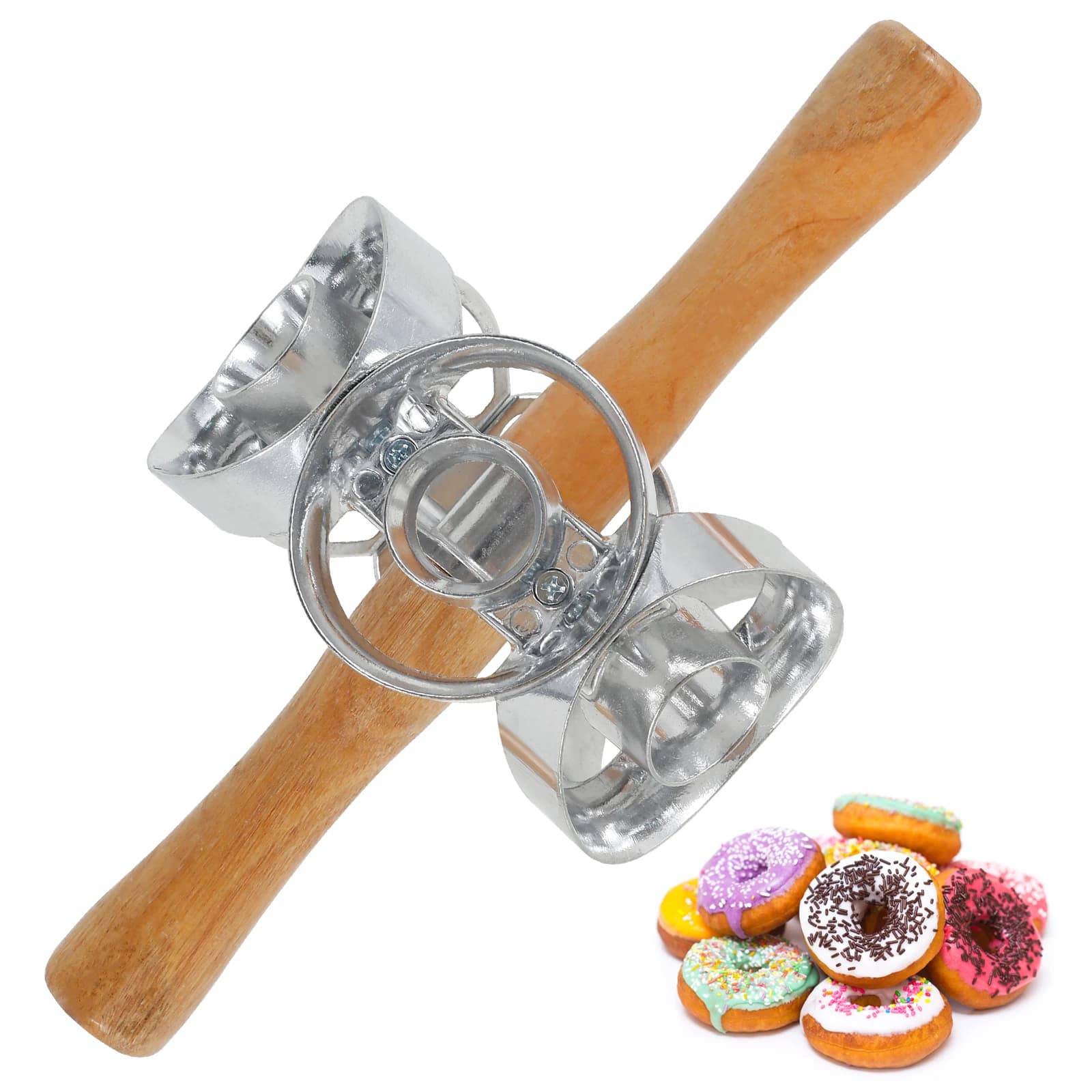 Round Shape Donut Cookie Cutter with Wood Handle Stainless Steel Revolving Doughnut Cutter Roller Pastry Dough Baking Tools