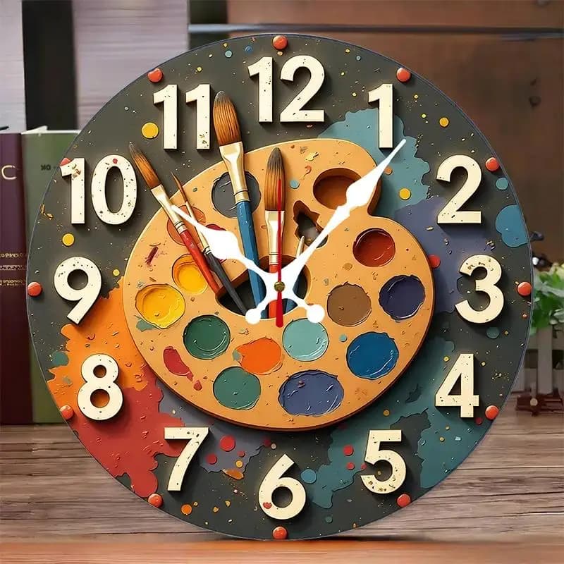 DIY 2D Flat Oil Painting Palettern Wooden Round Silent Hanging Wall Clock,Suitable For Living Room,Office,Study Room,Bedroom,Home