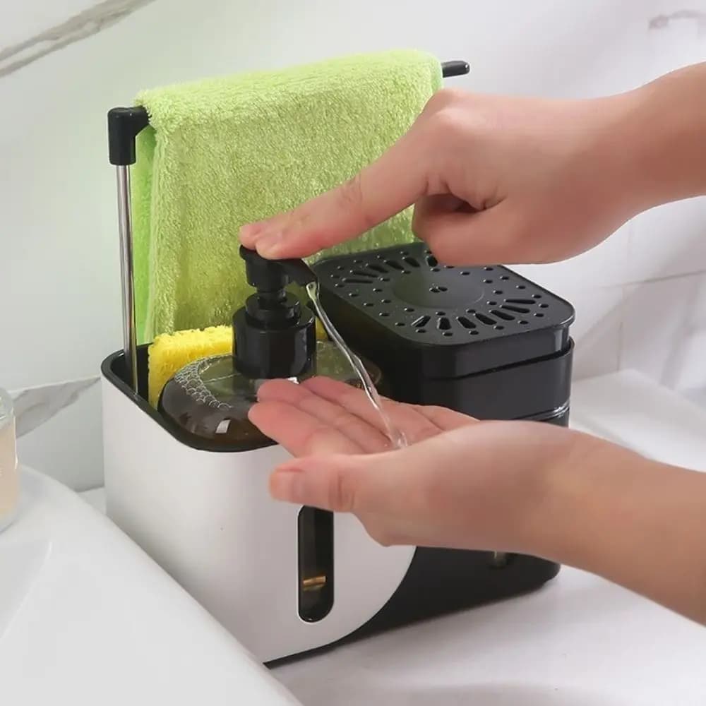 Set Dispenser di Sapone per Mani e Piatti in Plastica con Porta Spugna Ricaricabile 4-in-1, Porta Strofinetto