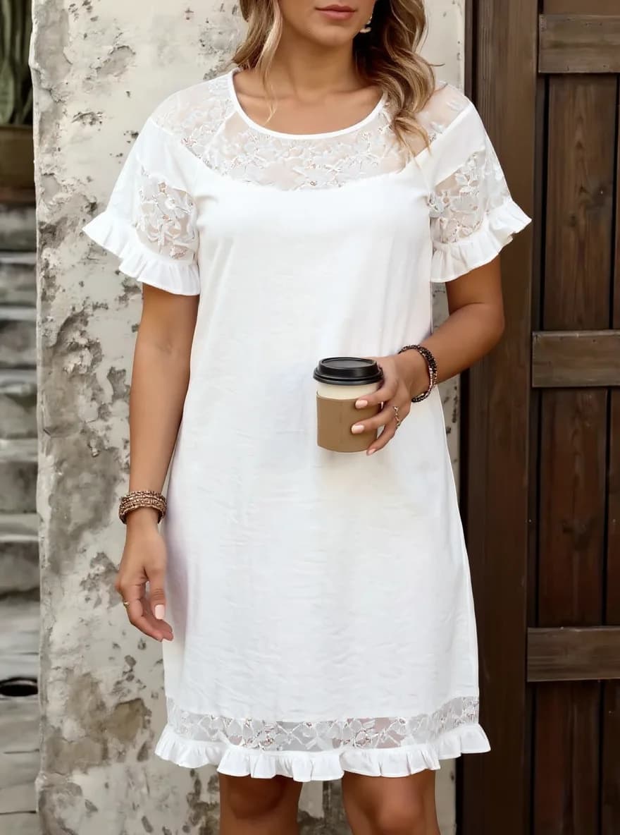 Women Casual Dress Round Neck Short Sleeve Lace Patchwork Ruffle Loose Dress Romantic Spring Summer Daily Wear Beach Dress