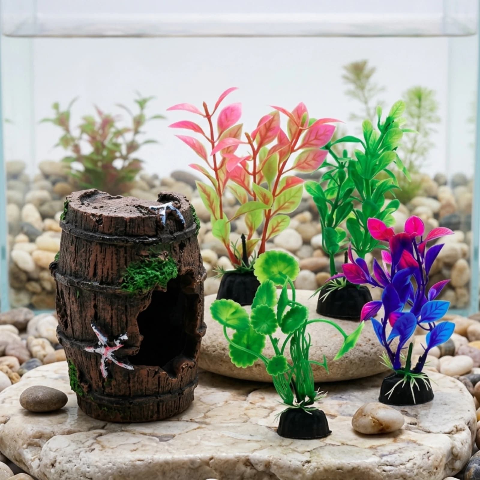 5 Pieces Aquarium Decorations with Artificial Plants Non Aquarium Cave with Plants Hollow Barrel Ornament Safe