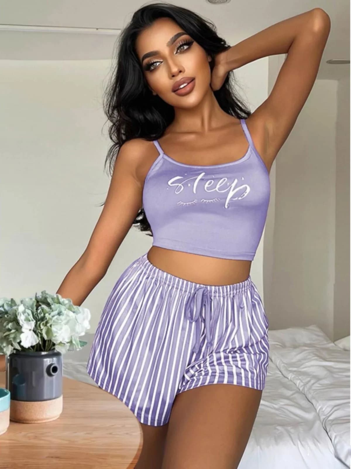 Completo pigiama sexy con bretelle da donna, lingerie, abbigliamento per la casa, pantaloncini, pigiama comodo in poliestere, girocollo, manica corta
