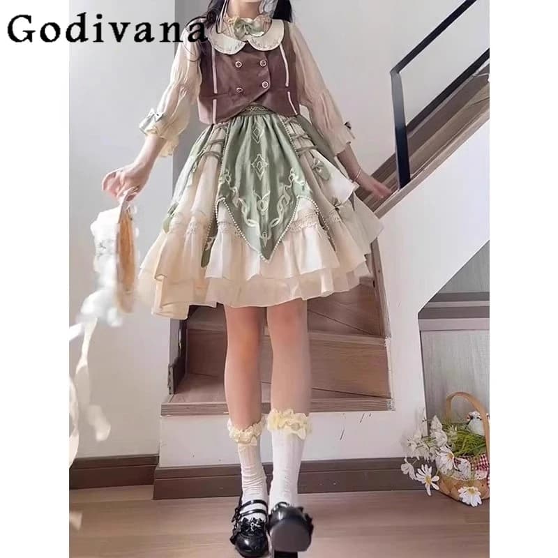 Set gonna camicia gilet stile bambola vintage verde Set gonna dolce principessa stile giapponese da donna Abiti Lolita High Street femminili