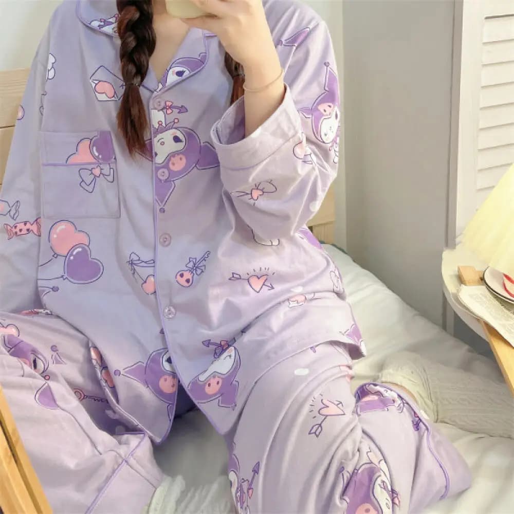 Pigiama da Donna Sanrio Kawaii Kuromi, Completo Casual Autunnale per Ragazze, Comodo Abbigliamento da Notte con Maniche Lunghe e Motivi Anime