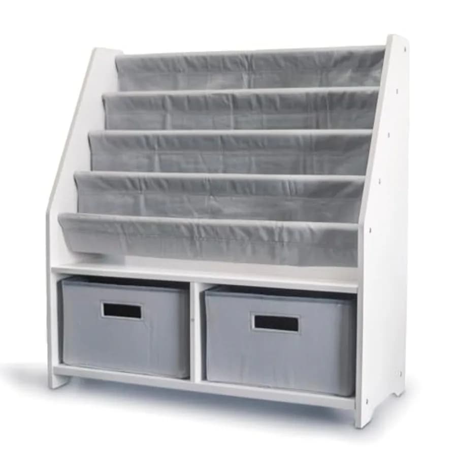Wooden shelves 4 levels of canvas harnesses for large books and 2 containers for organizers White shelf wi