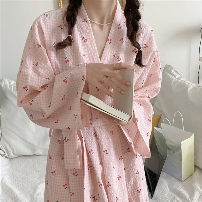 Women's Bathrobe Spring and Autumn New Ins Style Cute Plaid Cherry Long Sleeve Princess-Style Pajamas Home Wear Kimono
