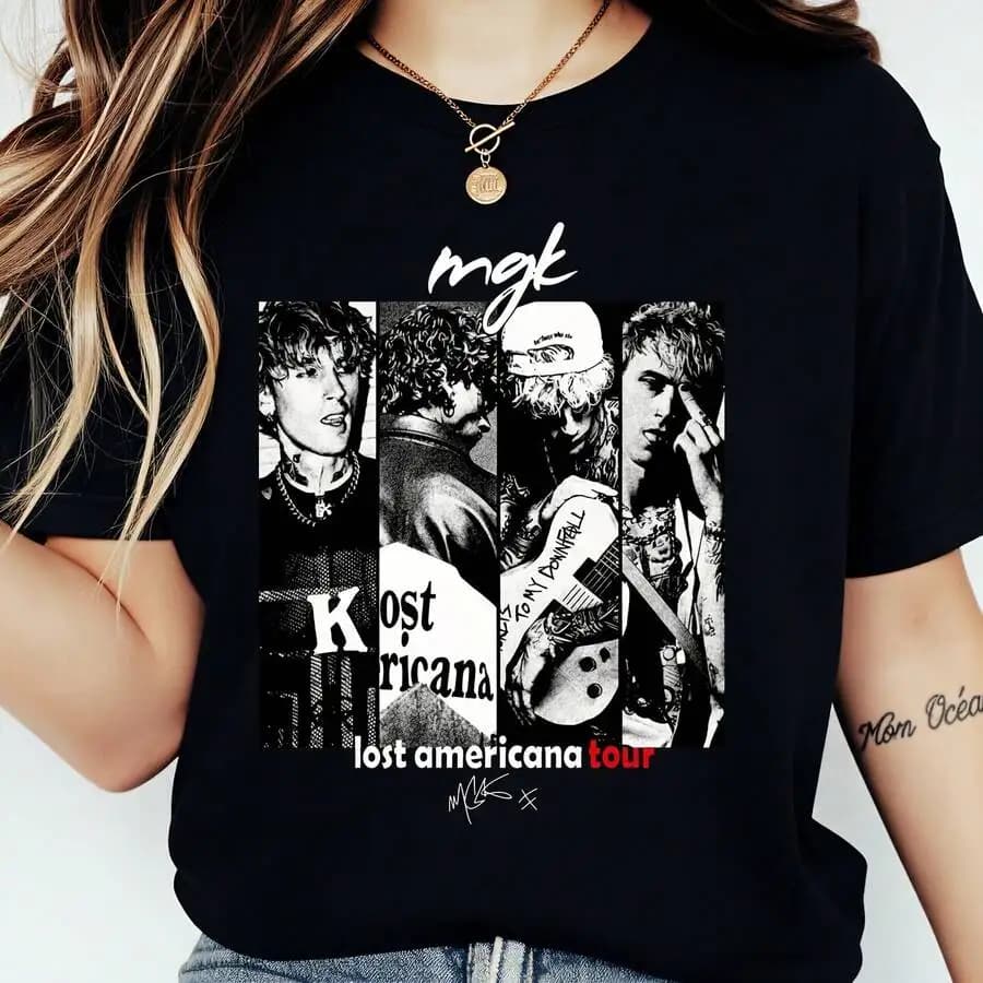 T-shirt neutra nera Mgk Lost Americana Tour Band con stampa grafica a collage, abbigliamento casual unisex, idea regalo