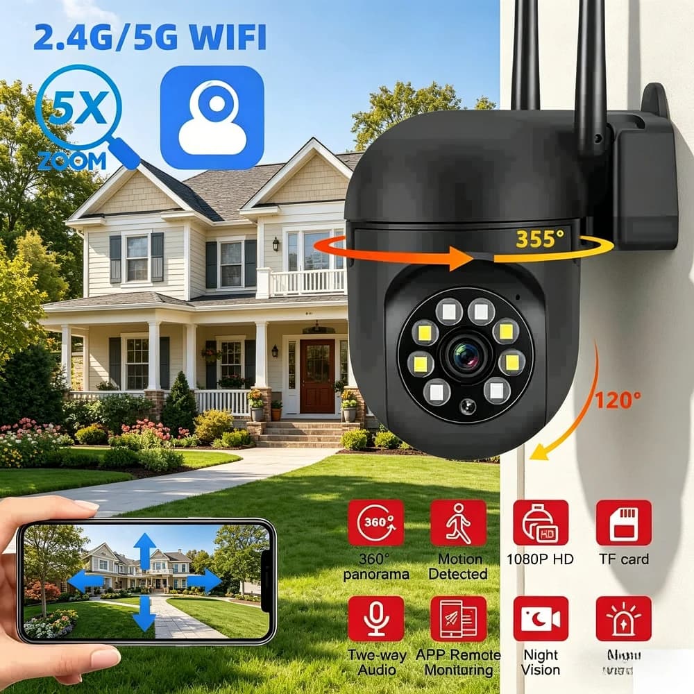 Telecamera PTZ da Interno 1080P, WiFi Dual Band 2.4G/5G, Visione Notturna a Colori, Audio Bidirezionale, Rilevamento Movimento AI, Telecamera di Sicurezza Domestica