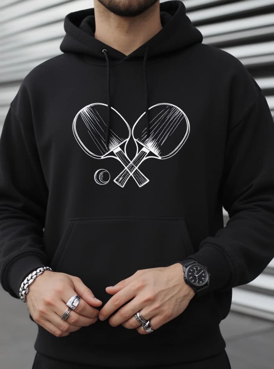Felpa con cappuccio da ping pong da uomo, stampa racchetta, tasca a marsupio, autunno inverno, manica lunga, alla moda