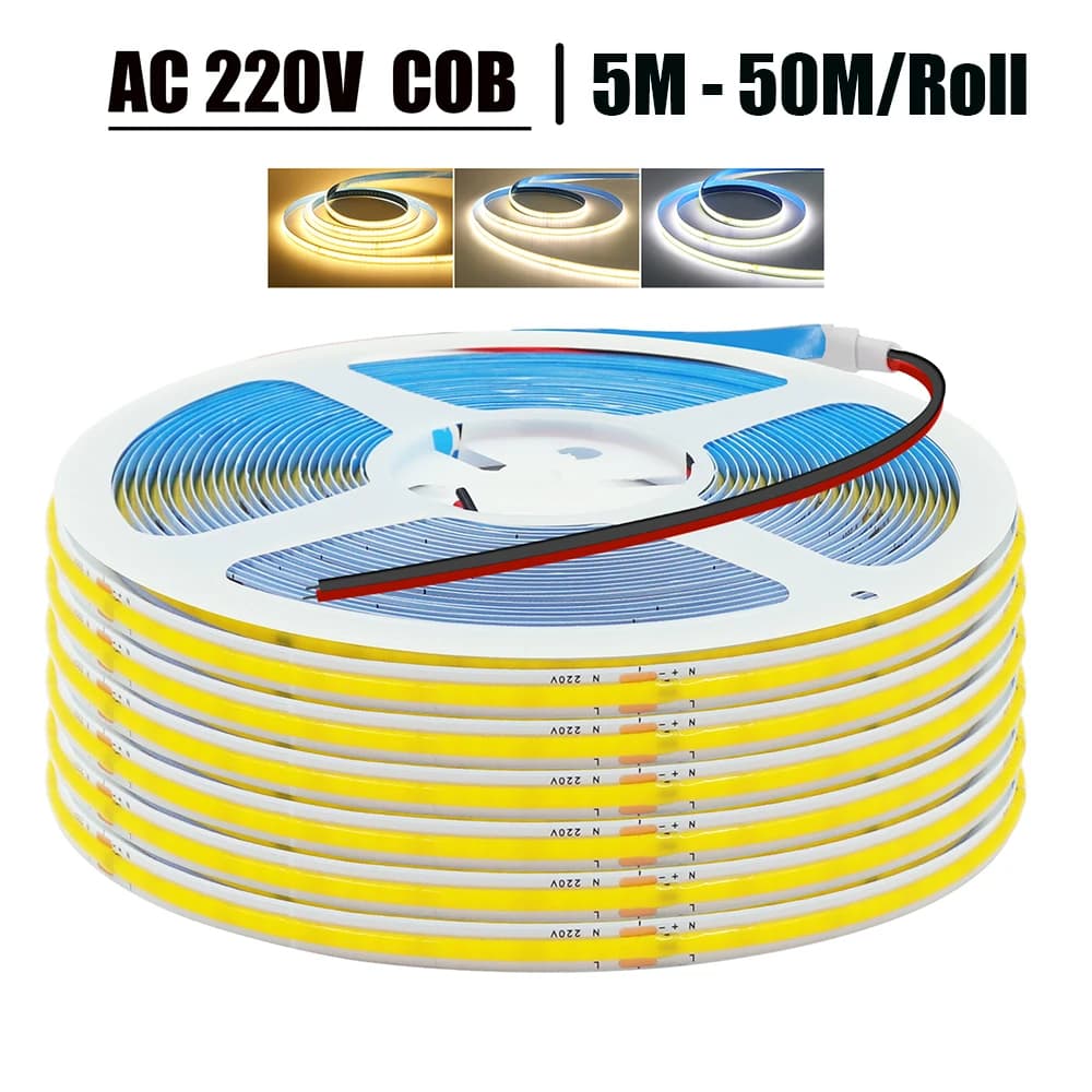 AC 220V COB Strip IP20 3000K 4000K 6000K House Decorations Brighter High 240Led/M Ribbon String Flexible Tape Ribbon LED Light 5M 10M 50/Rotolo