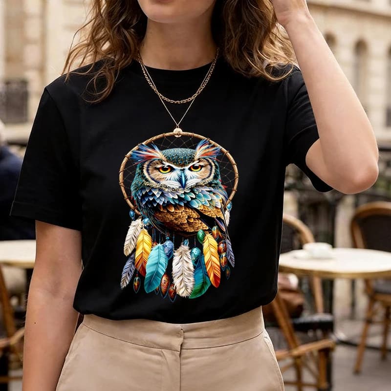 Feather Dreamcatcher and Owl Print Crew Neck Short Sleeve T Shirt Women's Fashion Y2k T-shirt 90s Graphic Casual Tshirt Clothes