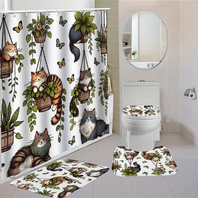 VIKAMA 1 tenda da doccia per gatti e fiori, con 12 ganci, decorazione per il bagno, tenda divisoria per doccia dei cartoni animati