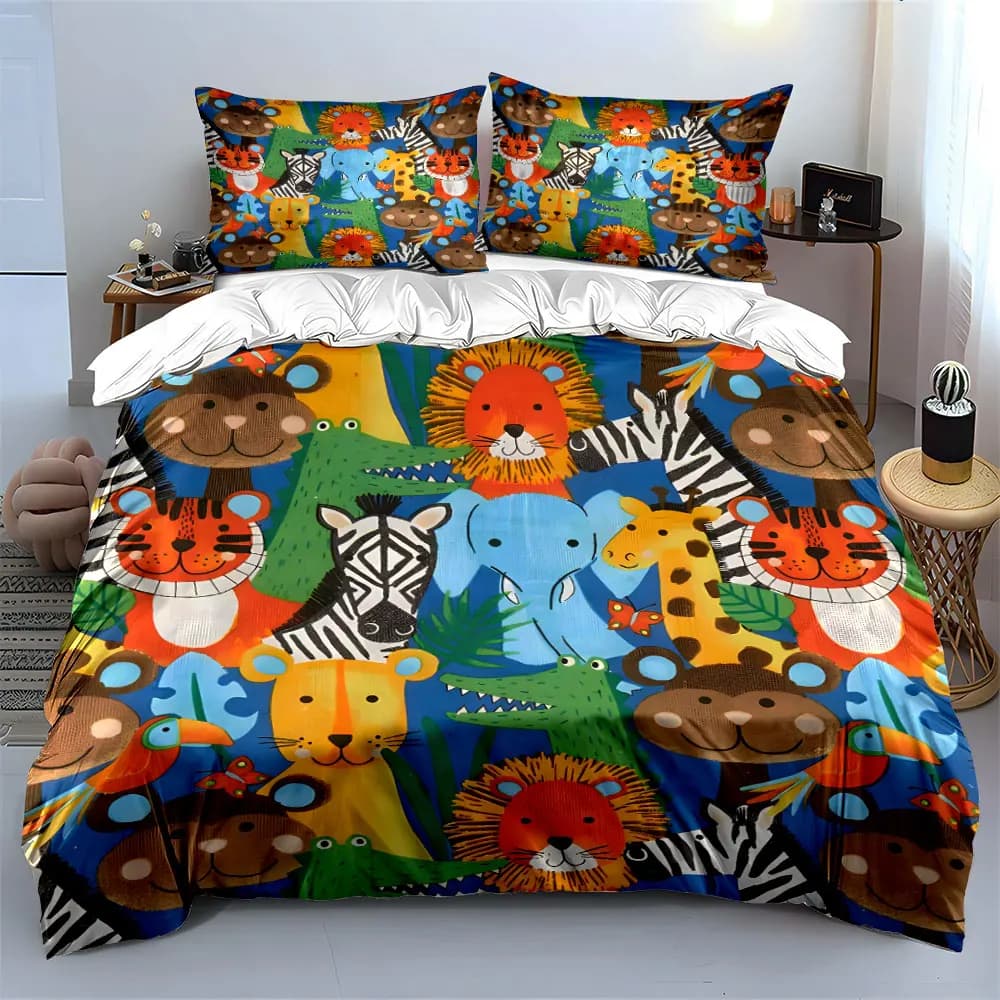 Set di Biancheria da Letto per Bambini con Motivi Animali Safari, Include 1 Copripiumino e 2 Federe, Disponibile in Misure Singola, Doppia, King e Queen, Idea Regalo