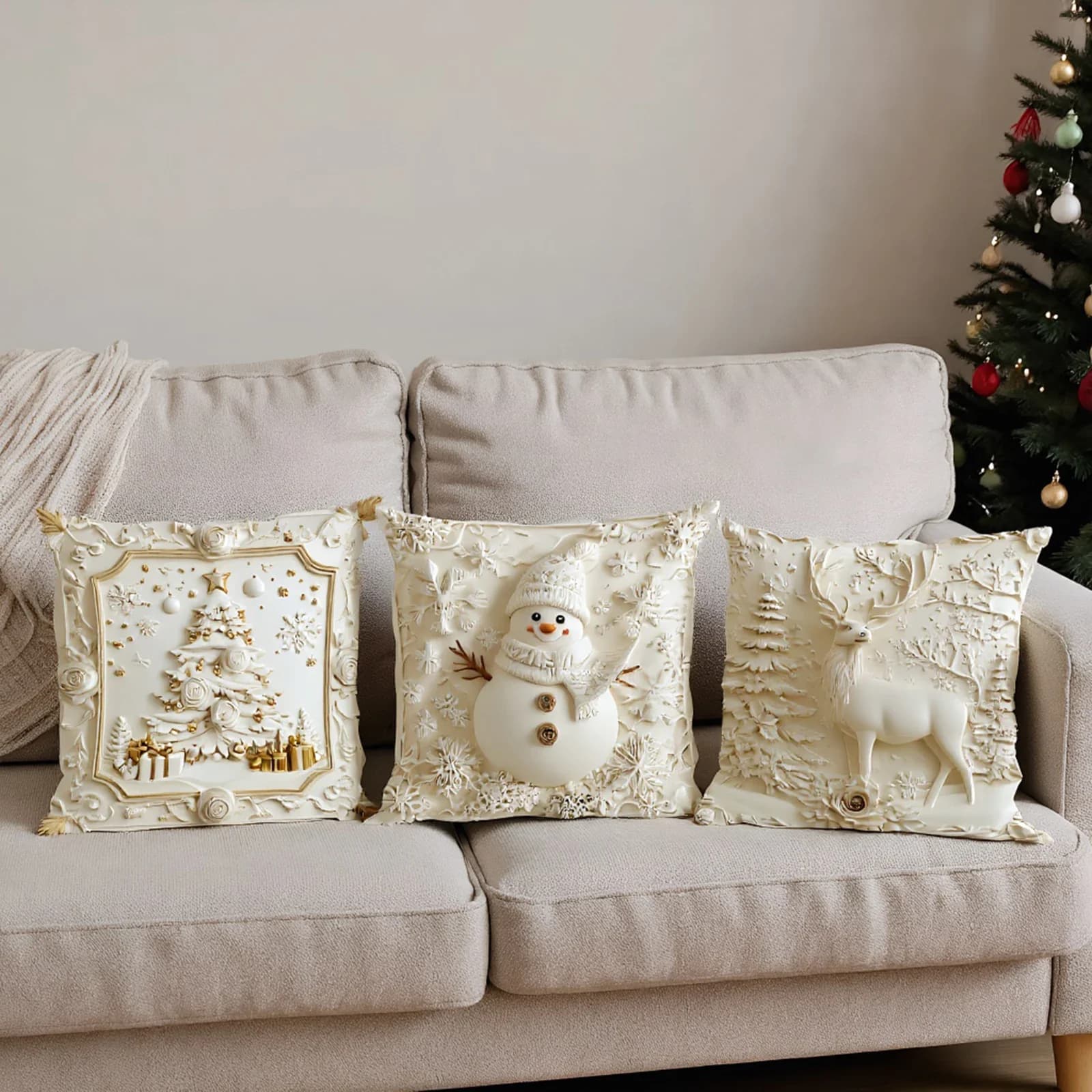 Set di 4 Federe Natalizie 3D, Morbide Copricuscini Invernali per Casa, Camera da Letto, Divano, Decorazioni Festive