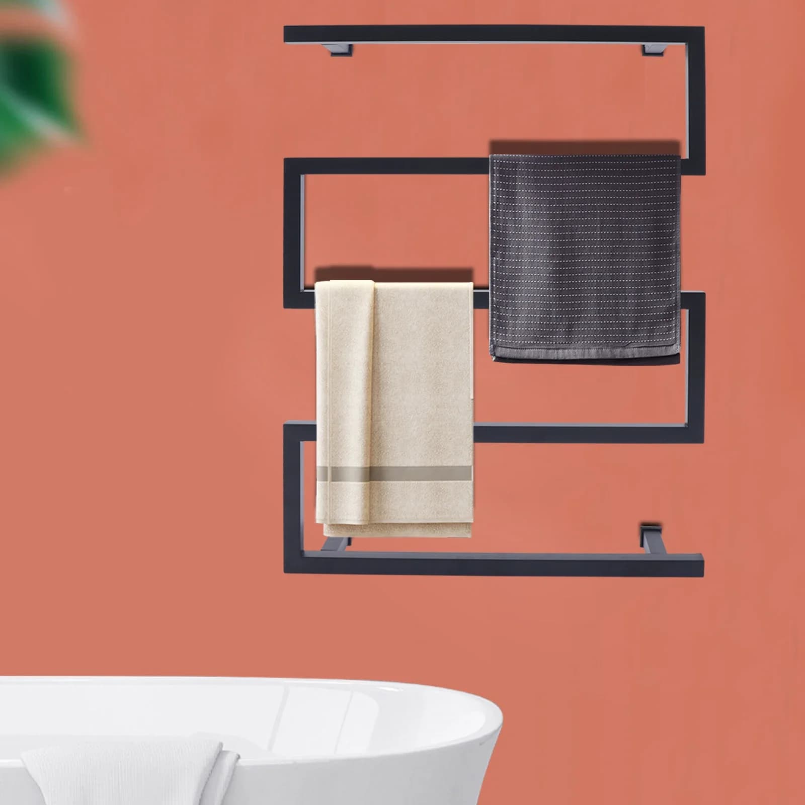 Scaldasalviette Elettrico 90W, Portasciugamani Riscaldato a 5 Barre in Acciaio Inox, Montaggio a Parete, Impermeabile per Bagno, Nero