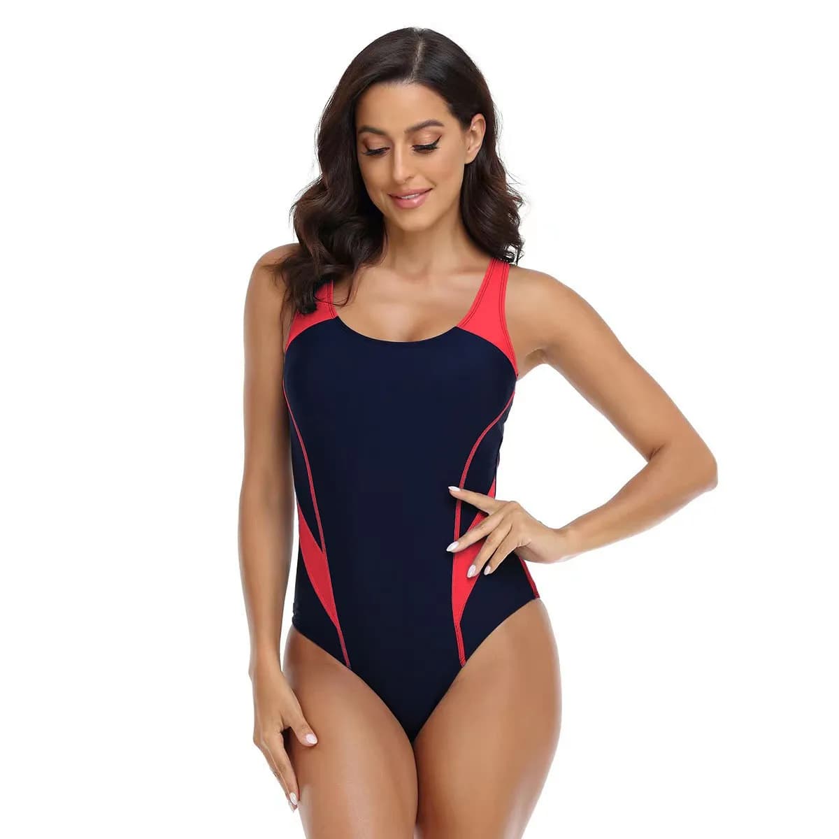 Costume da bagno da donna senza maniche con scollo rotondo, taglio alto, blu navy, nero, con schiena scoperta e finiture a contrasto rosse