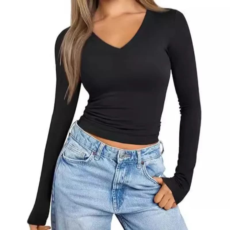 2025 Donne di Inverno Camicie a maniche lunghe per le donne Autunno Moda Nero Scollo a V Nozioni di base Crop Top Stratificazione Slim aderente Y2K T-shirt