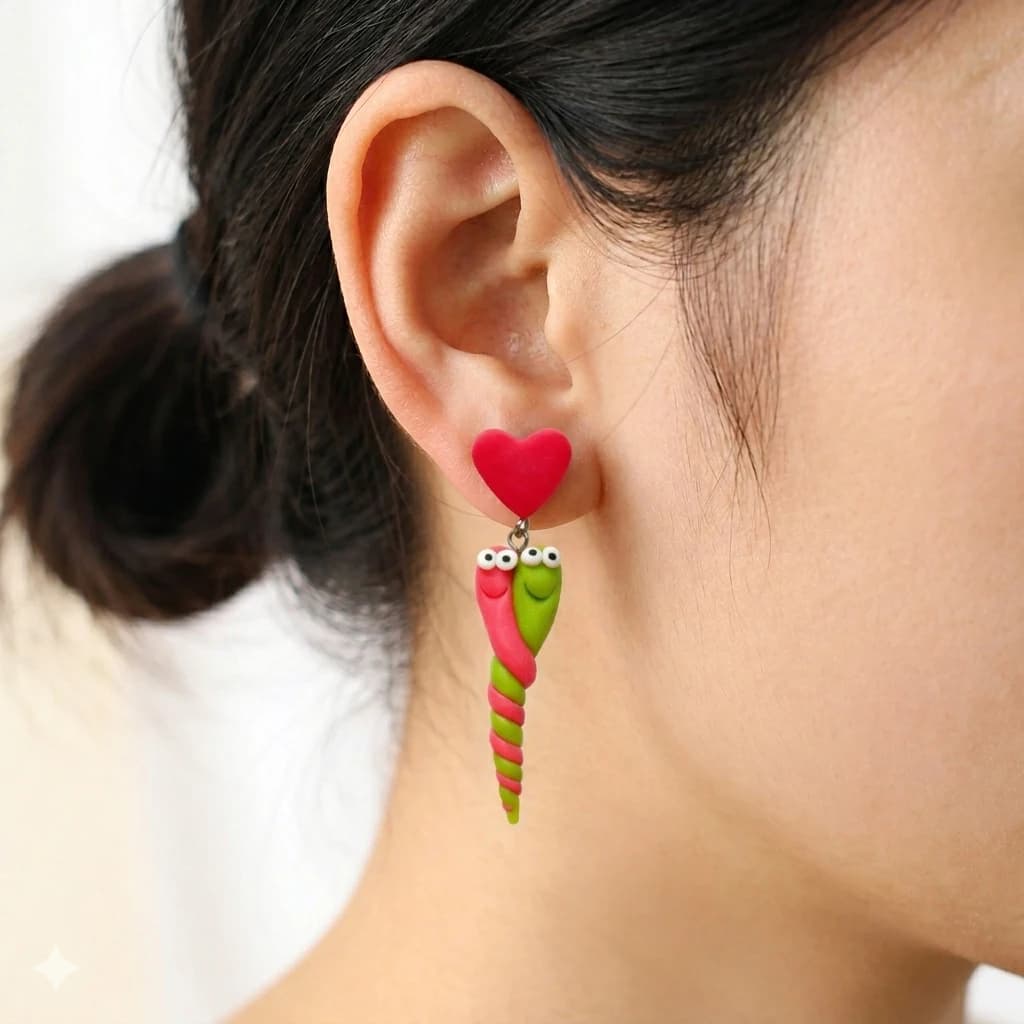 Orecchini a perno 3D fatti a mano con serpente rosso in argilla polimerica per donna, orecchini a forma di serpente con testa a cuore, orecchini a clip anteriore e posteriore, orecchini animali Kawaii