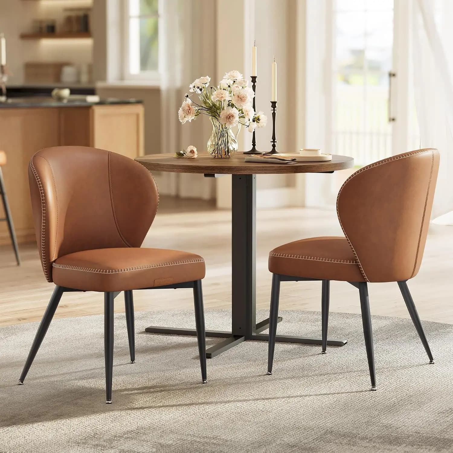 Upholstered Synthetic Leather Dining Chairs Set Of Two, Mid Century Modern Kitchen Side Seating Cushion Furniture With Stitching Accent And Steel Frame For Living Room Lounge, Caramel Brown