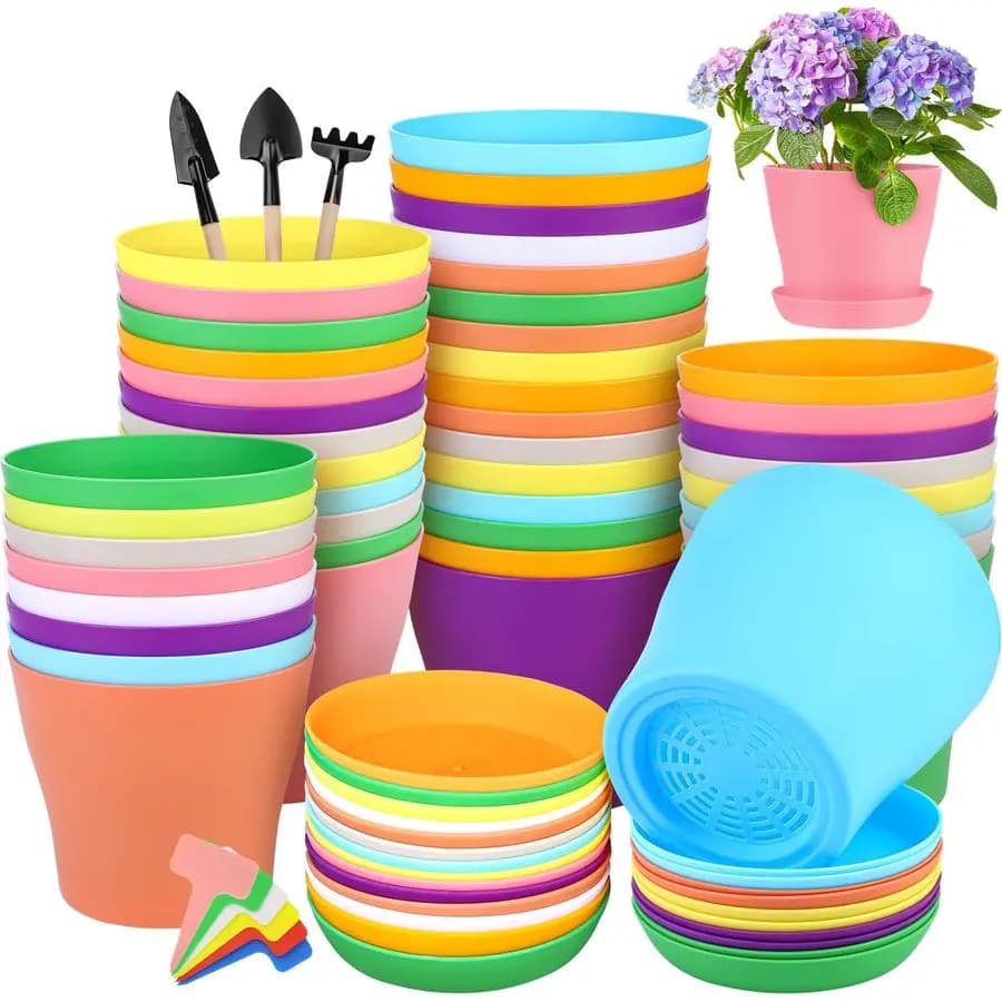 Set of 5 5.5 Inch Plastic Vases with Subvases, Colored Containers for Plants and Flowers, Reinforced Vases for Semina and Plant Growth