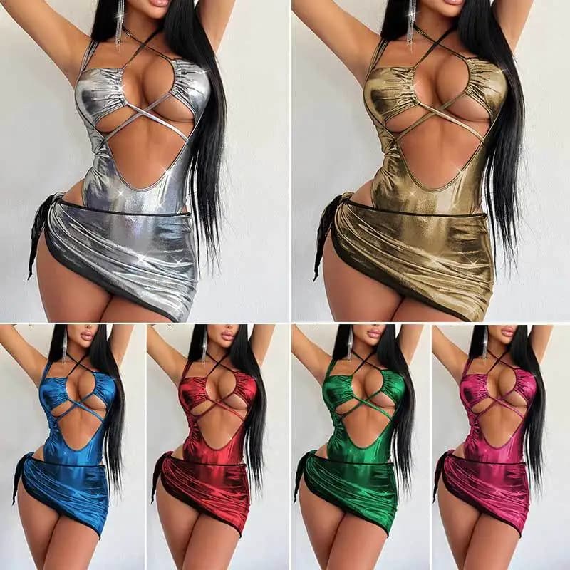 Tute da donna sexy con sensazione metallica Gonne Set di abbigliamento Fasciatura scavata Pagliaccetti con scollo all'americana Pantaloni combinati Tute strette