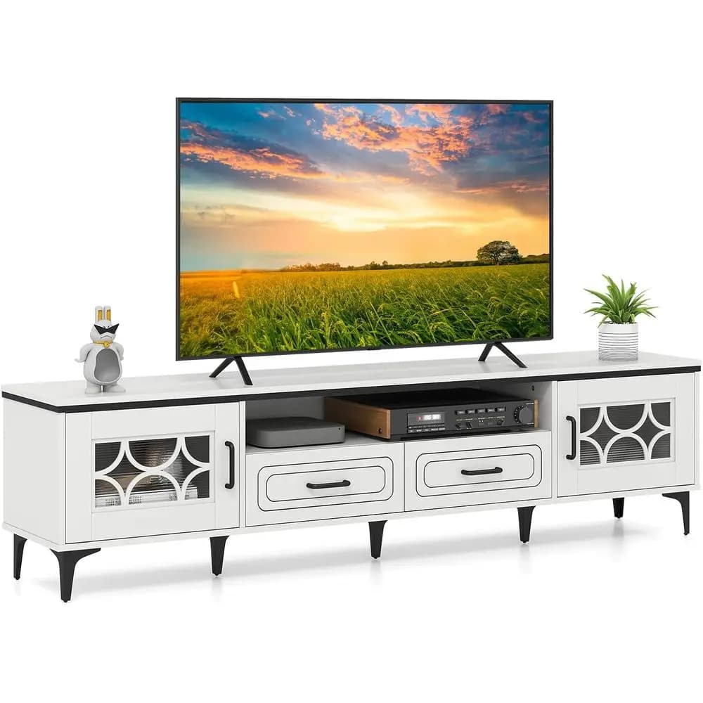 Mobile TV 80 pollici con Centro Intrattenimento 71 pollici, 2 Cassetti, 2 Armadietti, Gambe in Metallo, Tavolo Multimediale in Legno Bianco Anticato