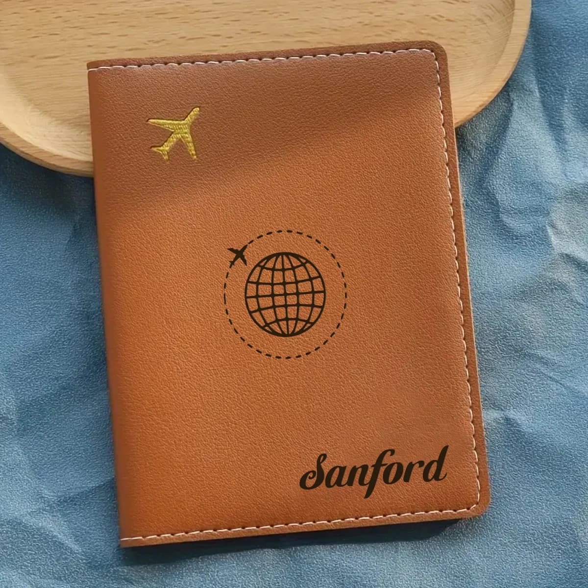 Elegant Passport and Baggage Plate Set (2 Pieces), Custom Name in Golden Relief, Incise Leather Identification Plate, Foldable